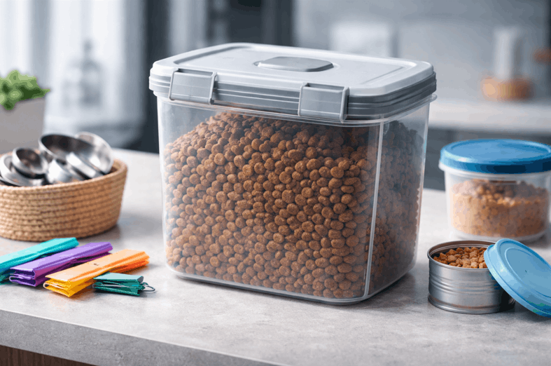 نگهداری غذای خشک گربه و سگ در ظرف دربسته در محیط خنک و خشک برای جلوگیری از فساد غذایی